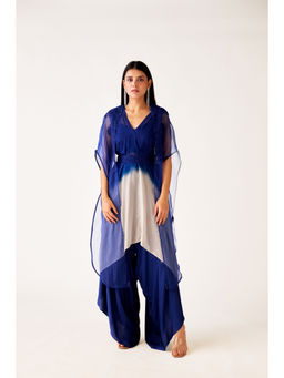 Basanti Kapde aur Koffee - Blue Chinon Embroidered Belt Cape with Kurta and Sharara (Set of 4)