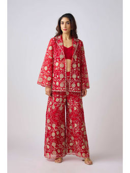 Basanti Kapde aur Koffee - Red Chantilly Net Embroidered Jacket with Bustier and Pant (Set of 3)