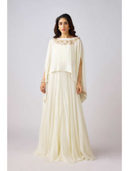 Basanti Kapde aur Koffee - Off White Silk Embroidered Cape Top with Bustier and Skirt (Set of 3)