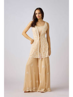 Basanti Kapde aur Koffee - Beige Georgette Embroidered Jacket with Blouse and Sharara (Set of 3)