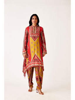 Basanti Kapde aur Koffee - Red Muslin Embroidered Kurta and Dhoti (Set of 2)