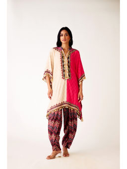 Basanti Kapde aur Koffee - Pink Muslin Embroidered Kaftan and Dhoti (Set of 2)