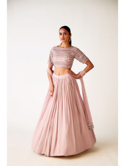 Basanti Kapde aur Koffee - Pink Chinon Embroidered Blouse with Lehenga and Dupatta (Set of 3)