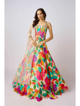 Basanti Kapde aur Koffee - Georgette Floral Print Blouse with Lehenga and Dupatta (Set of 3)