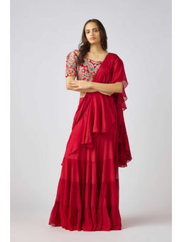 Basanti Kapde aur Koffee - Red Chinon Embroidered Pre Draped Saree and Stitched Blouse