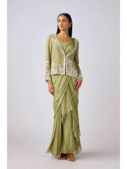 Basanti Kapde aur Koffee - Green Chinon Pre Draped Saree with Jacket and Stitched Blouse
