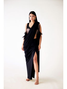 Basanti Kapde aur Koffee - Satin Lycra Embroidered Slit Pre Draped Saree and Stitched Blouse
