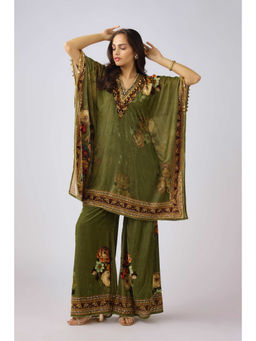 Basanti Kapde aur Koffee - Green Velvet Floral Kaftan and Palazzo (Set of 2)