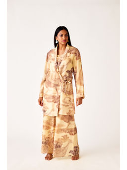 Basanti Kapde aur Koffee - Brown Linen Floral Blazer Jacket with Bustier & Palazzo (Set of 3)