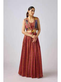 Basanti Kapde aur Koffee - Multicolor Crepe Embroidered Jacket with Blouse and Lehenga (Set of 3)