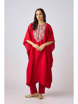 Basanti Kapde aur Koffee - Red Cotton Embroidered Kaftan and Pant (Set of 2)