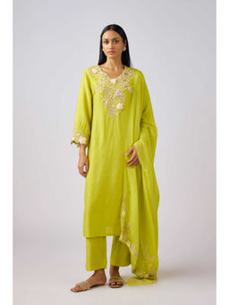 Basanti Kapde aur Koffee - Lime Cotton Embroidered Kurta with Pant and Dupatta (Set of 3)