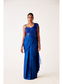Basanti Kapde aur Koffee - Blue Satin Crepe Pre Draped Saree with Belt and Stitched Blouse