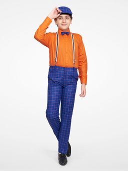 Jeetethnics - Boys Navy Blue Checked Suspender Pant With Shirt (Set of 5)