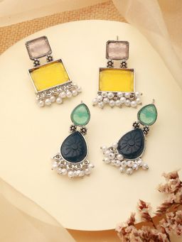 Aatmana - Set of 2 Silver-Plated Yellow and Blue Geometric Drop Earrings