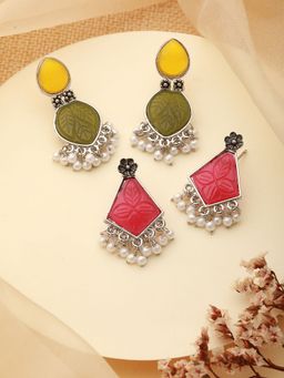 Aatmana - Set of 2 Silver-Plated Yellow and Green Geometric Drop Earrings