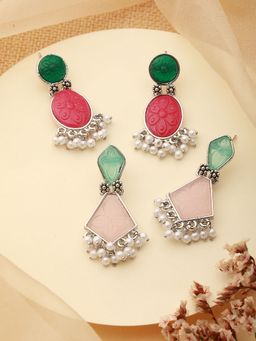 Aatmana - Set of 2 Silver-Plated Pink and Green Dome Shaped Drop Earrings