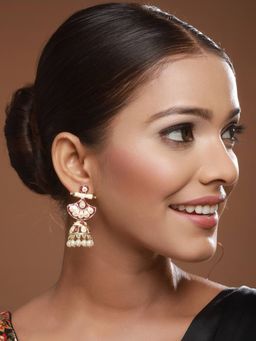 Aatmana - Gold-Toned White and Marron Meenakari Jhumkas Earrings