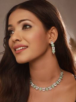 Aatmana - Rhodium-Plated Green AD-Studded Jewellery Set