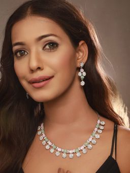 Aatmana - Rhodium-Plated Pink and Green AD-Studded Jewellery Set