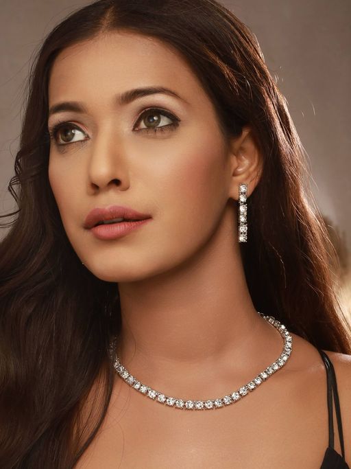 Aatmana Rhodium-Plated Silver-Toned and White AD-Studded Jewellery Set
