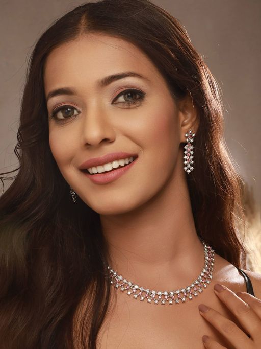 Aatmana Rhodium-Plated Pink and White AD-Studded Jewellery Set