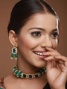 Aatmana - Green Gold-Plated Stone Studded and Beaded Jewellery Set