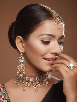 Aatmana - Gold-Plated Grey and White Kundan-Studded and Pearl Beaded Jewellery Set