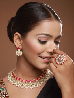 Aatmana - Gold-Plated Red and White Kundan-Studded and Beaded Traditional Jewellery Set