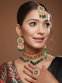 Aatmana - Gold-Plated Green Meenakari Bridal Kundan Necklace Earrings and Maang Tika Set