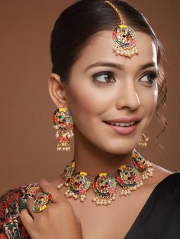 Aatmana - Gold-Plated Green and Red Stone-Studded Meenakari Jewellery Set