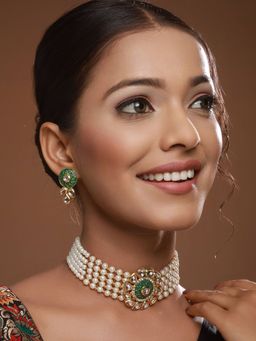 Aatmana - Gold-Plated Green and White Kundan-Studded Beaded Meenakari Jewellery Set