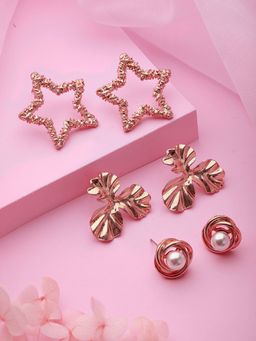 Aatmana - Set of 3 Rose gold Plated Star and Floral Shaped Stud Earrings
