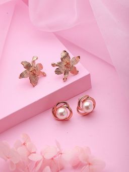 Aatmana - Set of 2 Rose Gold Plated and Pearl Floral Stud Earrings
