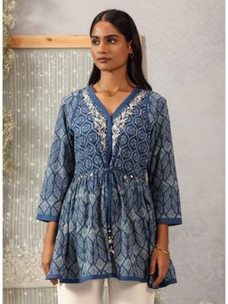 Lakshita - Navy Blue Printed Cotton Kurti for Women