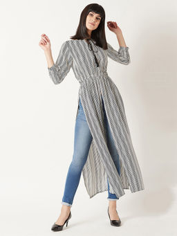 Miss Chase - Women Black & White Round Neck Striped Tassel Tie-Up Detailing Maxi Dress