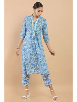 Soch - Powder Blue Cotton Floral Print Kurta Set (set Of 2)