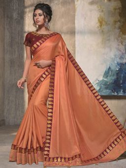 Odette - Orange Satin Silk Designer Saree with Unstitched Blouse