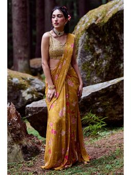 Paulmi & Harsh - Ochre Yellow Anar Print Pre Draped Saree with Stitched Blouse