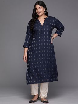 Extra love by Libas - Plus Size Women Navy Blue Woven Design Rayon Straight Kurtas for Women