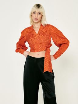 Cover Story - Orange Jacquard Print Wrap Crop Top