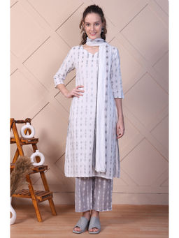 Aurelia - White and Grey Dobby Straight Kurta Pant and Dupatta (Set of 3)