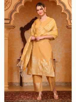 Aurelia - Yellow Foil Printed Festive Straight Kurta Pant & Dupatta (Set of 3)