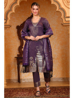 Aurelia - Purple Foil Printed Embroidered Neck Kurta Pant and Dupatta (Set of 3)