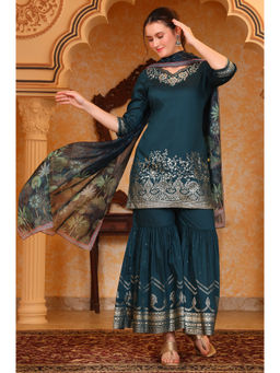 Aurelia - Dark Teal Foil Printed Embroidered Short Kurta Sharara & Dupatta (Set of 3)