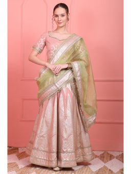 WISHFUL by W - Pink Embroidered Jacquard Blouse Flared Lehenga and Dupatta (Set of 3)