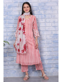 W - Red and White Stripes Cotton Crepe Kurta Pant and Dupatta (Set of 3)