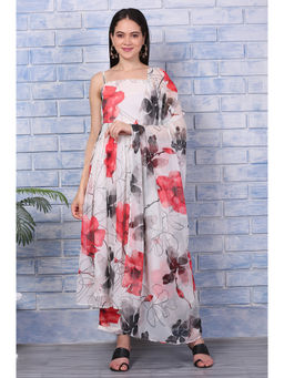 W - Bold White Floral Printed Chiffon Spaghetti Anarkali Kurta Pant & Dupatta (Set of 3)