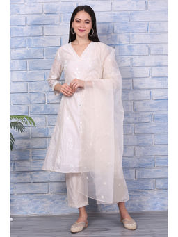 W - Cream Mirror Work Embroidered Chanderi Flared Kurta Pant & Dupatta (Set of 3)