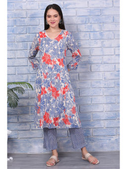 W - Blue Bold Floral Printed Pure Cotton Straight Kurta and Pant (Set of 2)